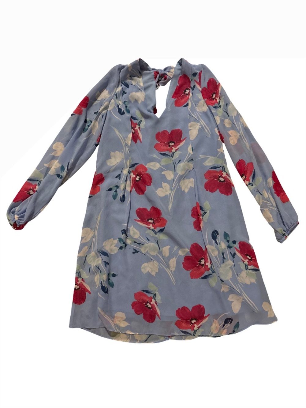 INC International Concepts Light Blue Floral Long-Sleeve Dress with Red Blooms